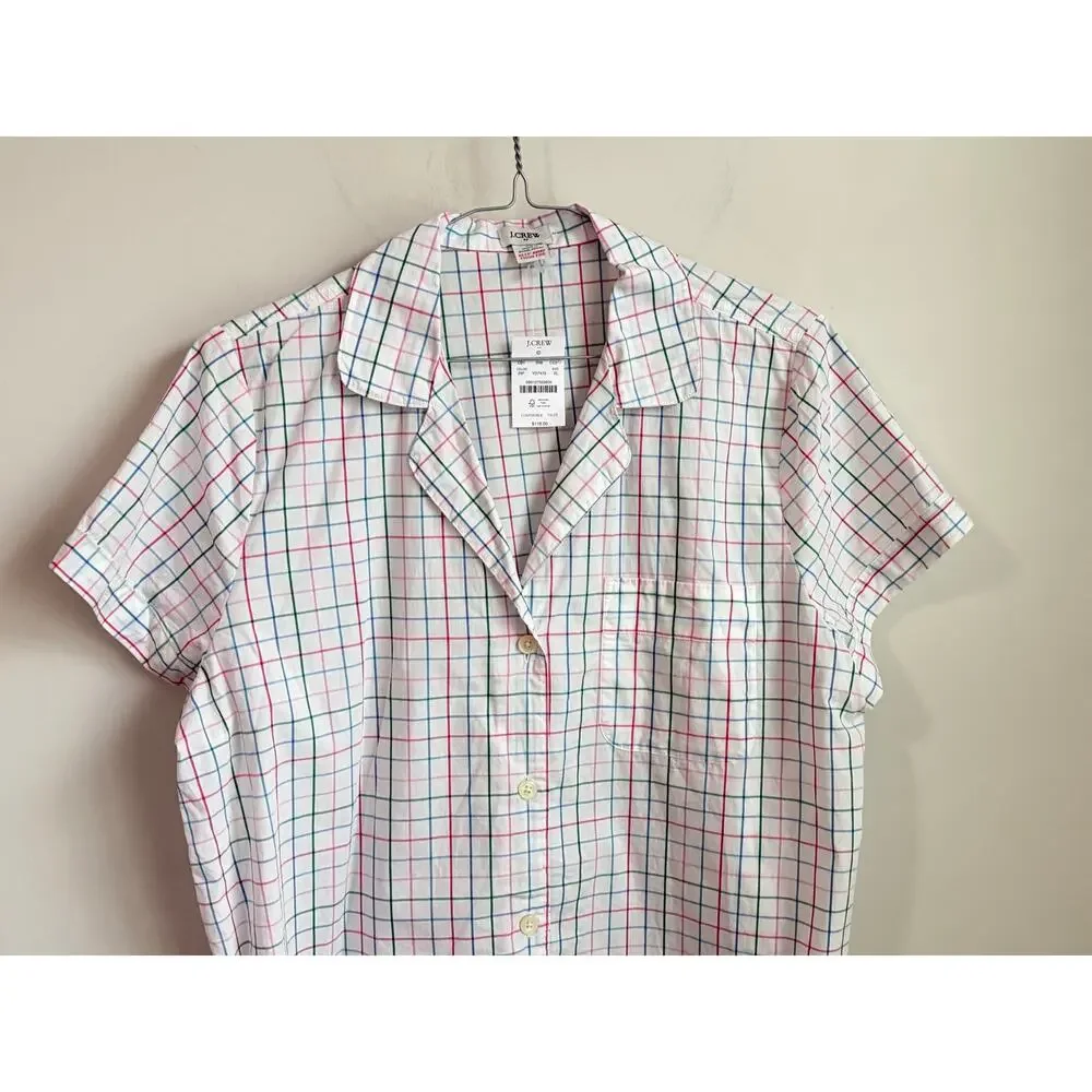 J. Crew Windowpane Cropped Shirt Pajama Top Ivory Resort Pink Multi XS NWT